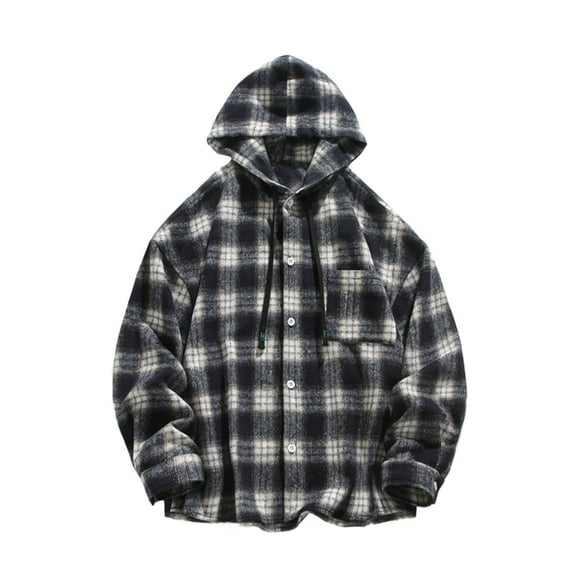 Men's Hoodies Plaid Shirts Thick Long Sleeve Button Down Loose Drawstring Casual Jackets Cardigan With Pockets (3XL, Black)