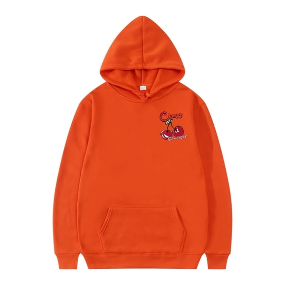 Men's Hoodies Pullover Cherry Pattern Long Sleeve Drawstring Casual Fall Clothes Tops Hooded Sweatshirts Orange L