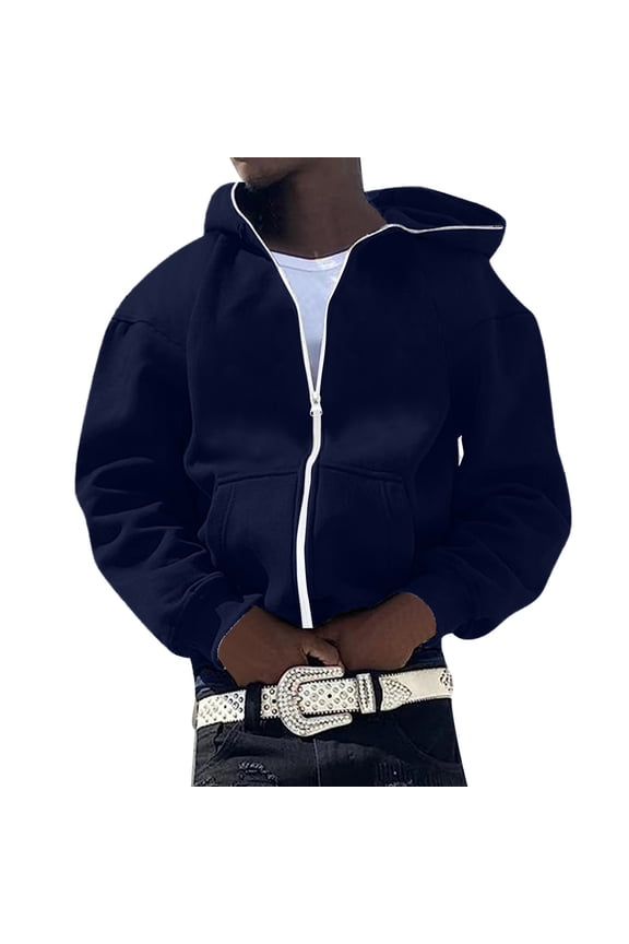 Men's Hoodies Pullover Sweater Trend Embroidery Casual Hop Sweater Cardigan Coat Fall Clothes Tops Hooded Sweatshirts Navy 2XL