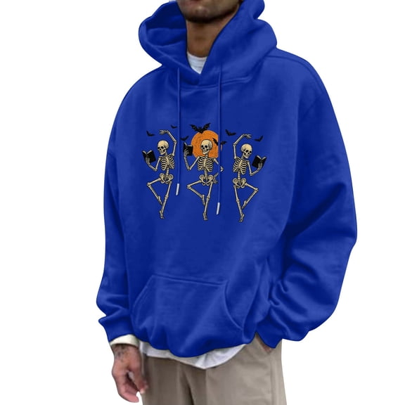 Men's Hoodies Pumpkin Skull Hoodie Sweatshirt Halloween Partial Casual Pullover Top Sweatshirts Men Blue S