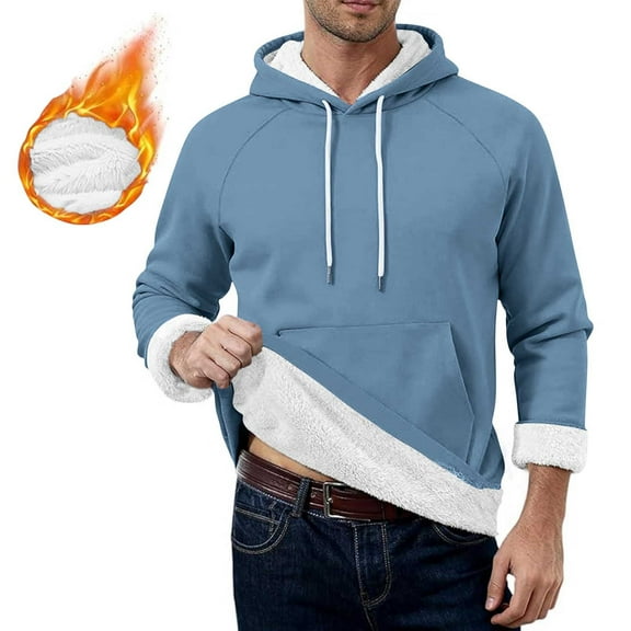 Men's Hoodies Sherpa Fleece Lined Sweatshirt Winter Casual Warm Drawstring Plain Hooded Pullover Sweater (L, Dark Blue #A)