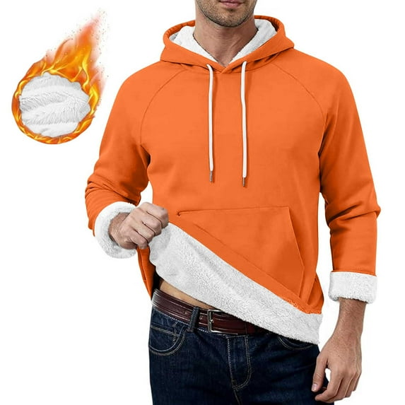 Men's Hoodies Sherpa Fleece Lined Sweatshirt Winter Casual Warm Drawstring Plain Hooded Pullover Sweater (XL, Orange #A)