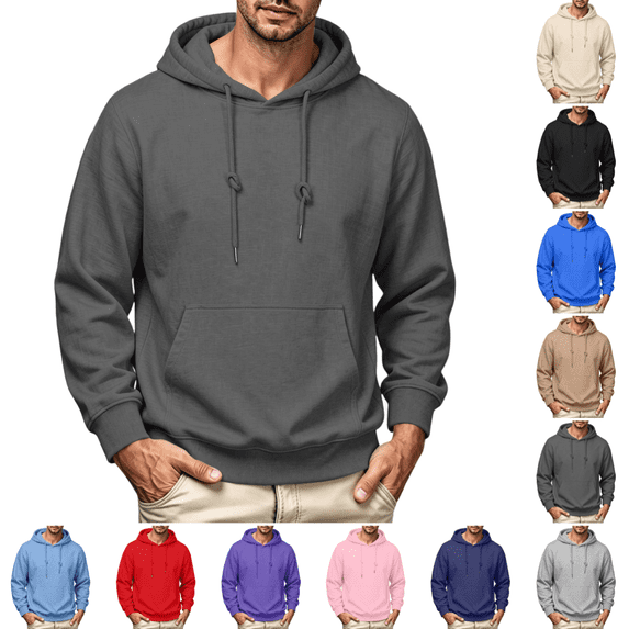 Men's Hoodies Stylish Long Sleeves Hooded Solid Color Pullover Fall Winter Comfy Drawstring Classic Fit Casual Sweatshirt Dark Gray 3XL