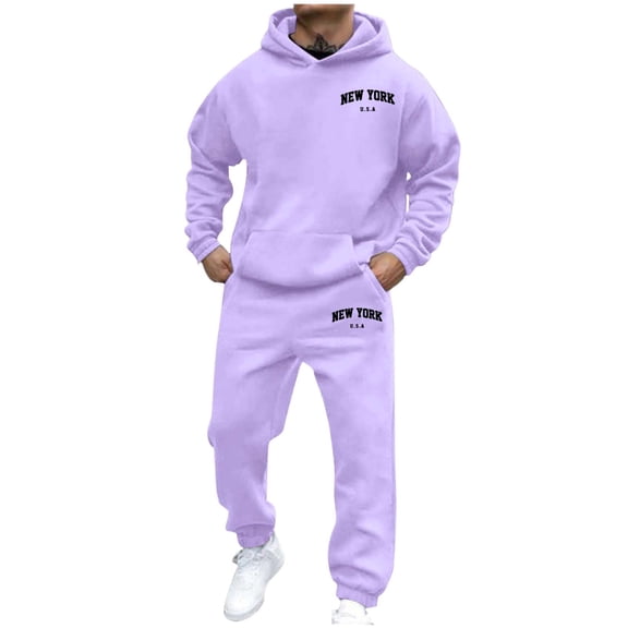 Men's Hoodies & Sweatshirts Casual Letter Printed Sports Long Sleeved Hoodie Set for Autumn and Winter Light Purple,XL