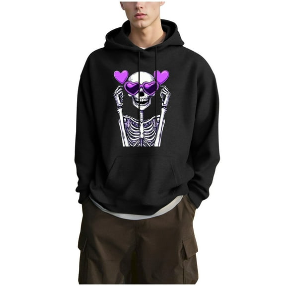 Men's Hoodies Trendy Heart Skeleton Casual Hooded Drawstring Pullover Sweatshirts 100% Cotton Hoodie with Pocket XL