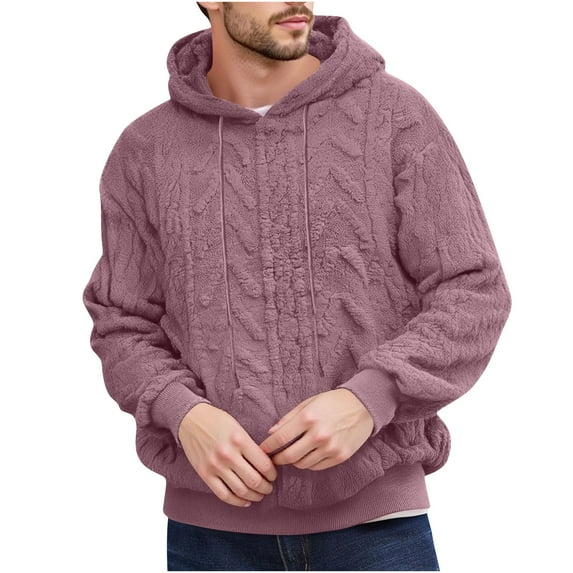 Men's Hoodies Warm Fleece Jacquard Long Sleeved Pullover Solid Color Casual Sweatshirt