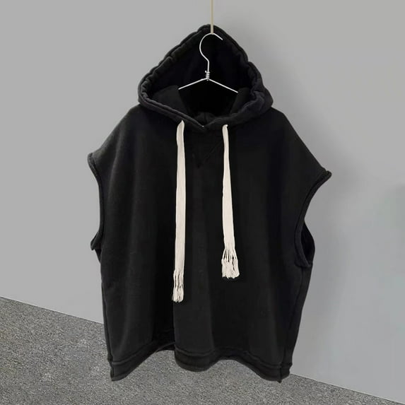 Men's Hoodies White And Black Under $10 Summer Solid Color Drawstring Sport Casual Bottom Sleeveless Hooded Top