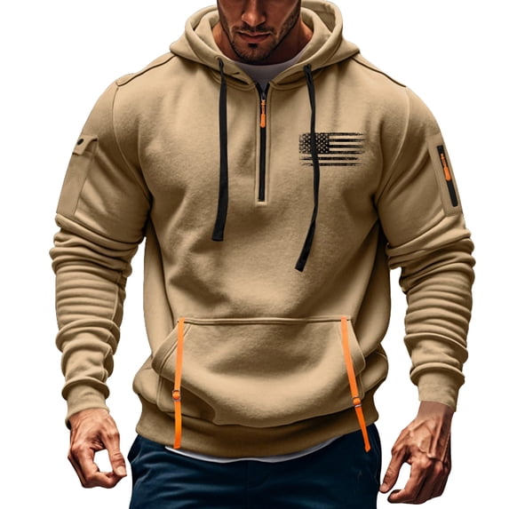 Men's Hoodies Workwear Sweatshirts Quarter Zip Long Sleeve Vintage Pullover Sweatshirt with Multiple Pockets Khaki M