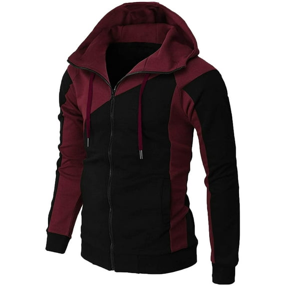 Men's Hoodies Zipper Color Block Jacket Drawstring Hooded Sweater Outwear Long Sleeve Slim Sports Sweatshirts