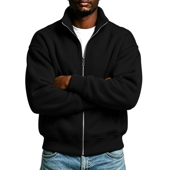 Men's Hoodless Sweatshirt Loose Stand Up Collar Long Sleeve Full-zip Jacket for Comfortable Casual Wear Black XXL