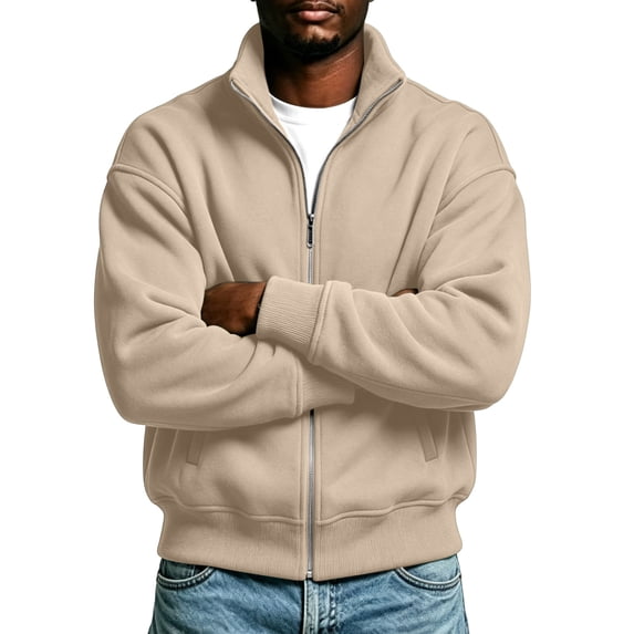Men's Hoodless Sweatshirt Loose Stand Up Collar Long Sleeve Full-zip Jacket for Comfortable Casual Wear Khaki XXL