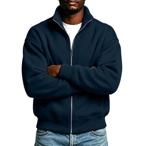 Men's Hoodless Sweatshirt Loose Stand Up Collar Long Sleeve Full-zip Jacket for Comfortable Casual Wear Navy M