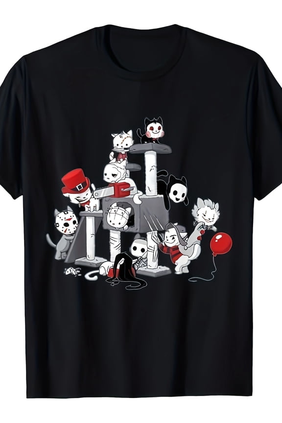 Men's Horror Movie Cat Halloween T-Shirt - Funny Spooky Cartoon Cats, Chucky & Jason Voorhees Design - Black Short Sleeve Round Neck Tee for Halloween Parties & Casual Wear, Halloween Clothes
