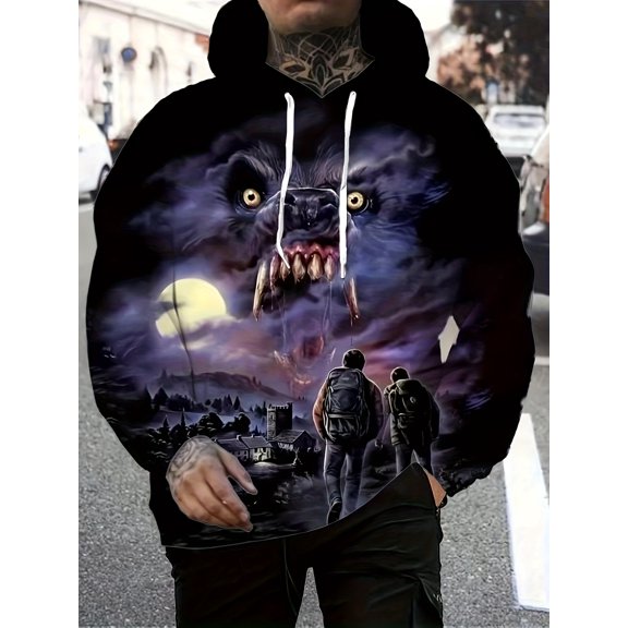 Men's Horror Theme Wolf Pattern Hoodie - Black Pullover Sweatshirt, Machine Washable, Street Fashion Wear, Long Sleeve Sweatshirt, Sports Shirt