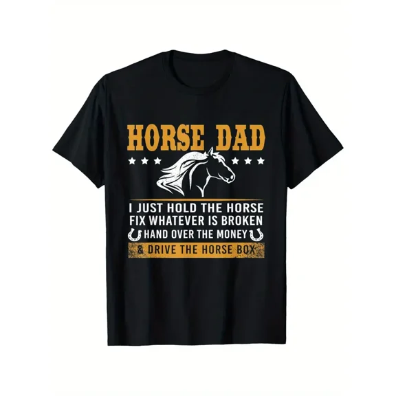 Men's "Horse Dad" Funny Equestrian Graphic T-Shirt - 100% Cotton Casual Short Sleeve Tee with Galloping Horse & Humorous Slogan Design, Machine Washable, Sizes S-XXXL, Everyday