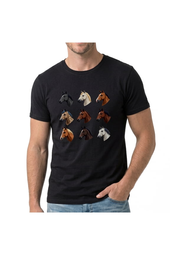 Men's Horse Heads Pattern Design Print Graphic T-Shirt, Premium Cotton Short Sleeve Crew Neck Tee