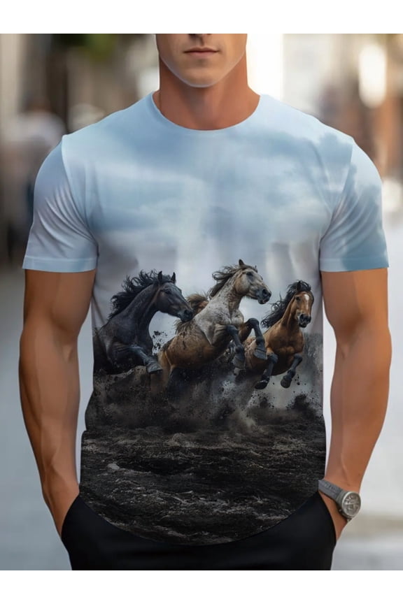 Men's Horse Print T-Shirt - Pentium Horse and Jockey Design, Soft and Breathable Fabric, Casual Sports Crew Neck T-Shirt, Suitable for Equestrian Activities, Summer Casual Wear