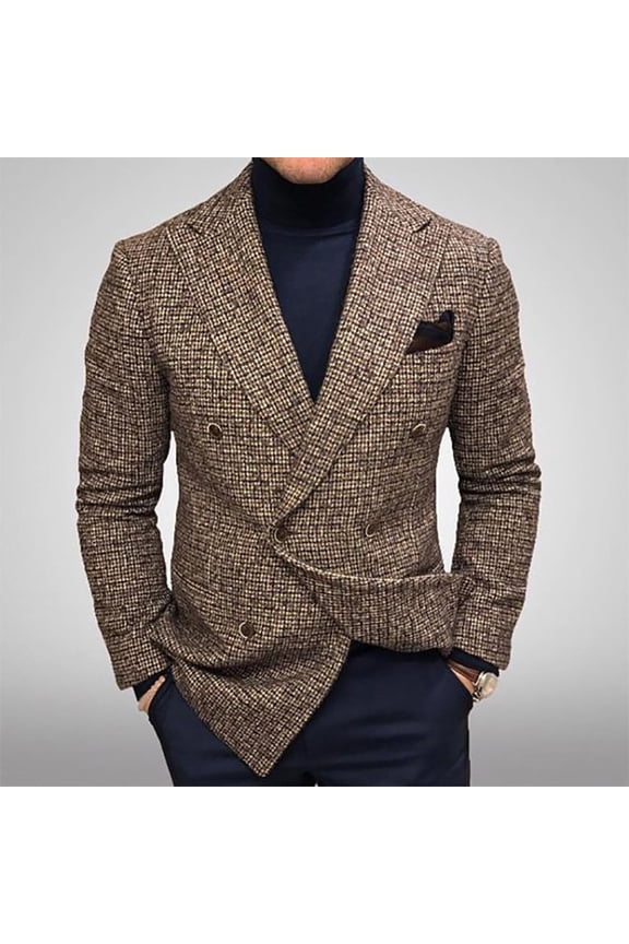 Men's Houndstooth Plaid Tweed Double Breasted Blazer Notched Lapel Long Sleeve Jacket with Decorative Flap Pocket