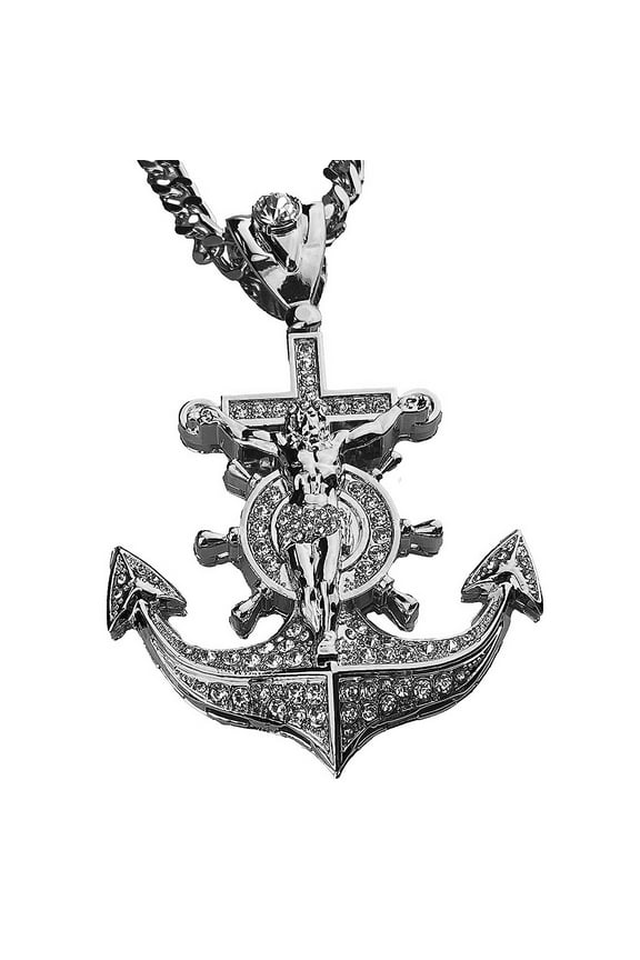 Men's Huge Mariners Cross Anchor Jesus Pendant Hip Hop Chain Silver Tone 30" inch Cuban Necklace