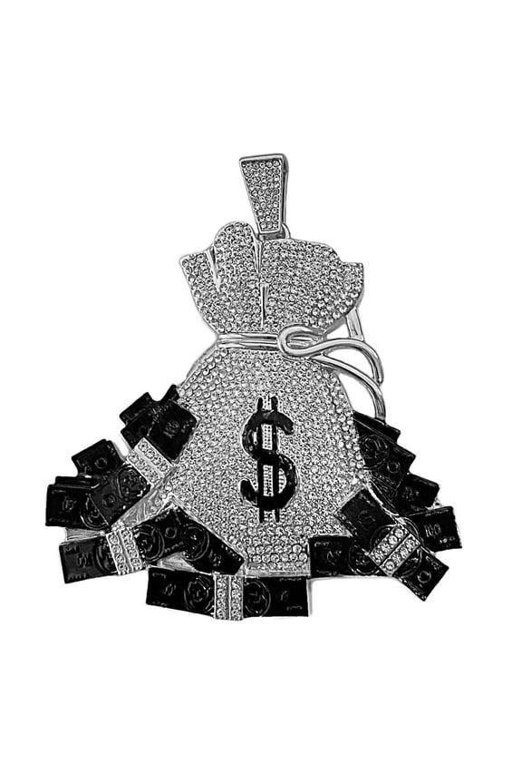Men's Huge Money Bag Jumbo Hip Hop Pendant Iced Flooded Out Bling Black Bills Silver Tone Charm Medallion