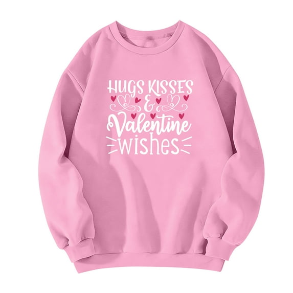 Men's "Hugs Kisses Valentine Wishes" Print Round Neck Long Sleeve Top - Unisex Couple Matching Casual Sports Shirt, Comfort Fit, Soft Fabric for Casual Wear,Pink,M