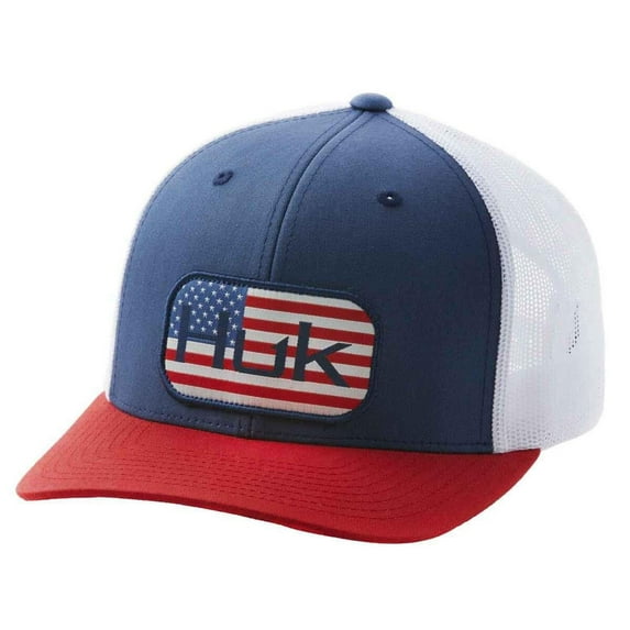 Men's Huk Blue Americana Color Block Trucker Snapback Hat - OSFA