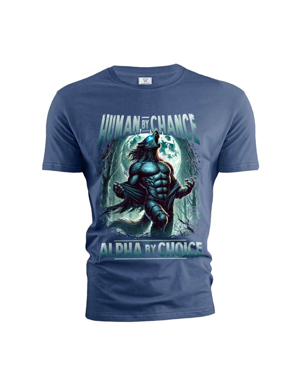 Men's Human By Chance Alpha By Choice Funny T-shirt Birthday Tee Husband Boyfriend Gift Shirt (Medium Navy Blue)