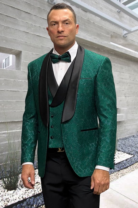 Men's  Hunter Green Floral Lace Vested Tuxedo 40 Long