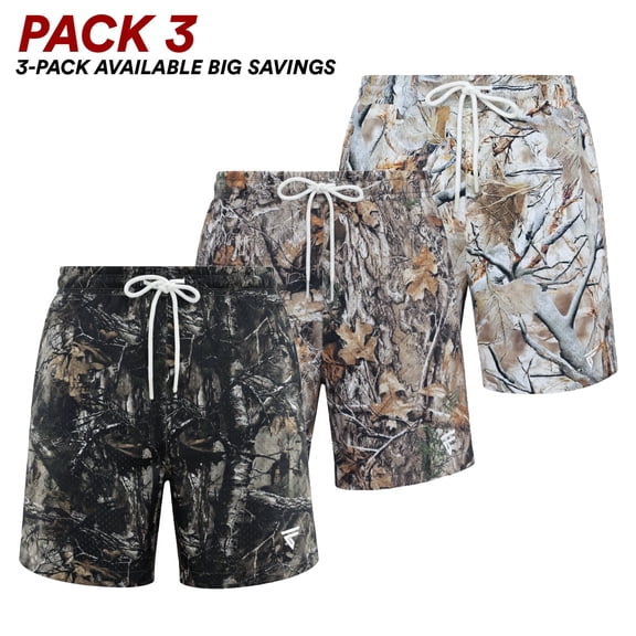 Men’s Hunting Camo Double-Layer Shorts – Pack of 3, Breathable Athletic Shorts with Zipper Side & Back Pockets, Elastic Drawstring Waistband – Size 2XL