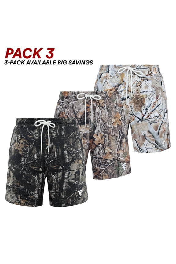 Men’s Hunting Camo Double-Layer Shorts – Pack of 3, Breathable Athletic Shorts with Zipper Side & Back Pockets, Elastic Drawstring Waistband – Size 2XL