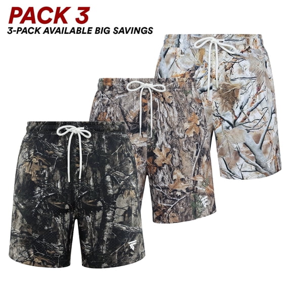 Men’s Hunting Camo Double-Layer Shorts – Pack of 3, Breathable Athletic Shorts with Zipper Side & Back Pockets, Elastic Drawstring Waistband – Size S