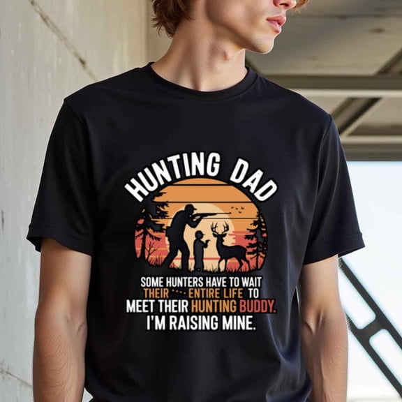 Men's Hunting Dad Graphic Thirt - Funny Father & Hunting Buddy Saying - Black Tee with Orange Sunset Design - Heavy Duty Digital Print - Plus Size Big & Tall - Machine Washable Casual Outdoor Shirt