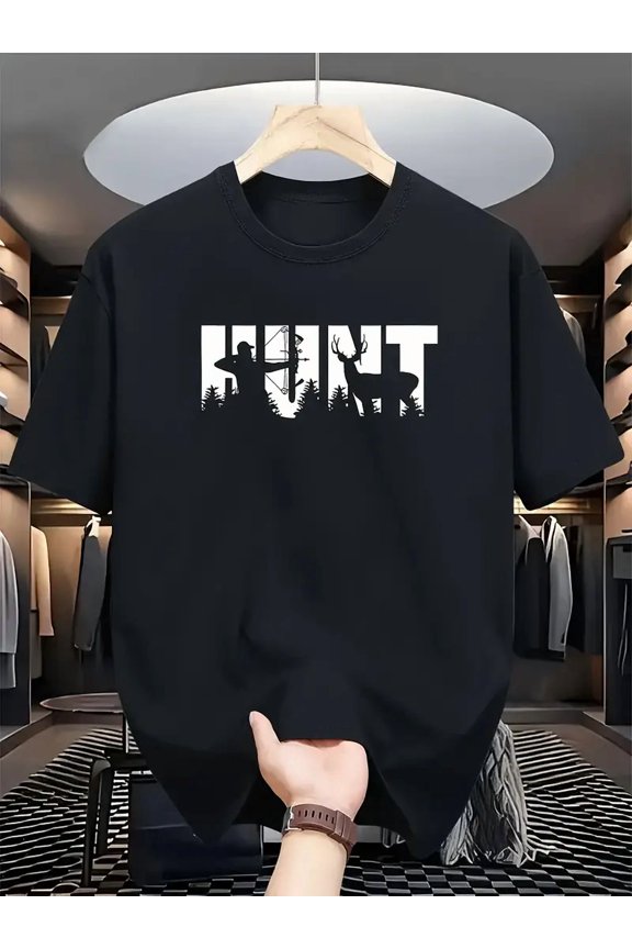 Men's Hunting Graphic T-Shirt Bow Hunter Deer Silhouette Short Sleeve Tee