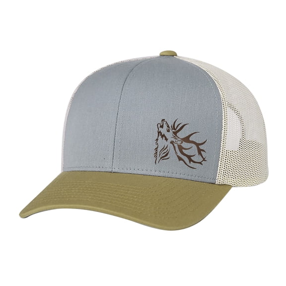 Men's Hunting Season Mesh Back Trucker Hat, Elk Antlers, Heather Gray/Amber/Beige