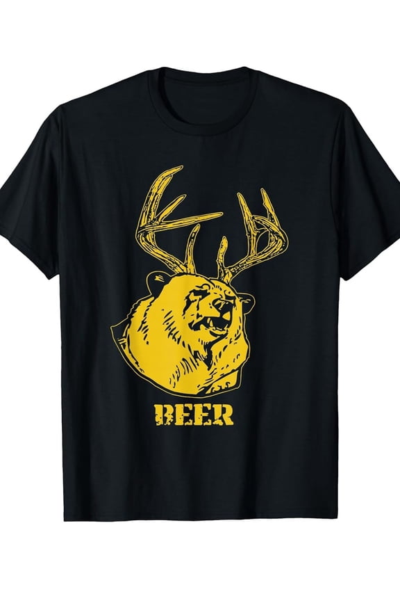 Men's Hunting T-Shirt 100% Cotton Deer & Beer Graphic Print - Soft Breathable Crew Neck Short Sleeve Tee with Deer Antlers & Hunting Dog Design - Ideal Gift for Hunters, Outdoor Enthusiast