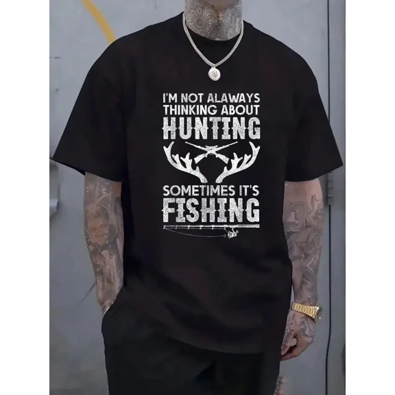 Men's Hunting and Fishing Graphic T-Shirt, Funny Outdoor Sports Short Sleeve Tee