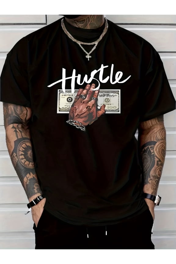 Men's Hustle Graphic T-Shirt Urban Streetwear Black Tee Hip Hop Money Cash Design Short Sleeve Crew Neck Casual Fashion Top
