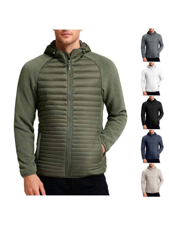 Men's Hybrid Quilted Hooded Jacket Removable Hood Full Zip Padded Warm Thicken Winter Coat with Zipper Pockets