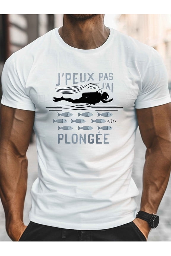 Men's "I Can't, I Dived" Graphic Tee - Casual Crew Neck Short Sleeve, Lightweight Polyester Summer Shirt with Diving Silhouette & Fish Design