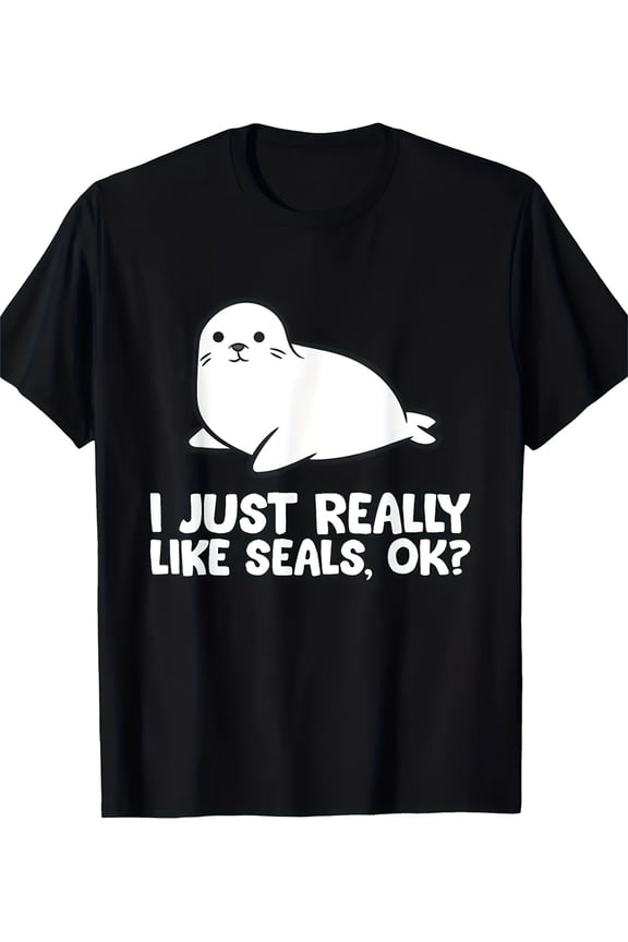 Men's "I Just Really Like Seals, Okay?" Graphic T-Shirt - Casual Black Cotton Crew Neck Tee with Cute Seal Print, Machine Washable, Soft & Comfortable for Casual Attire