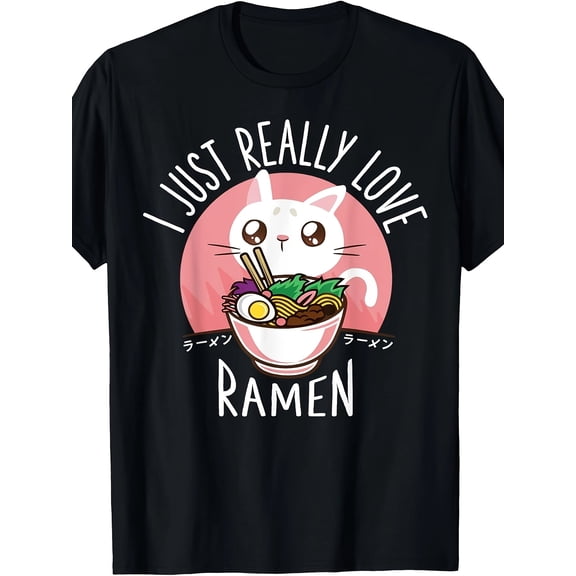 Men's "I Just Really Love Ramen" Cat Anime T-Shirt - Kawaii Cotton Tee with Japanese Text, Casual Round Neck, Short Sleeve, Machine Washable for Everyday & Manga Fans