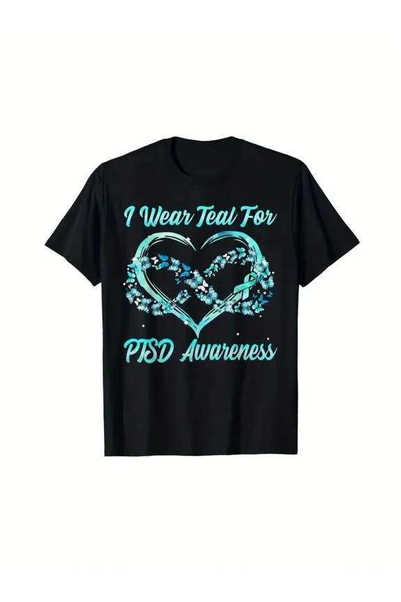Men's "I Wear Teal for PTSD Awareness" Heart & Butterfly Infinity Graphic T-Shirt - Casual Black Cotton Tee, Machine Washable, All-Season Comfort, Awareness Clothing|Round