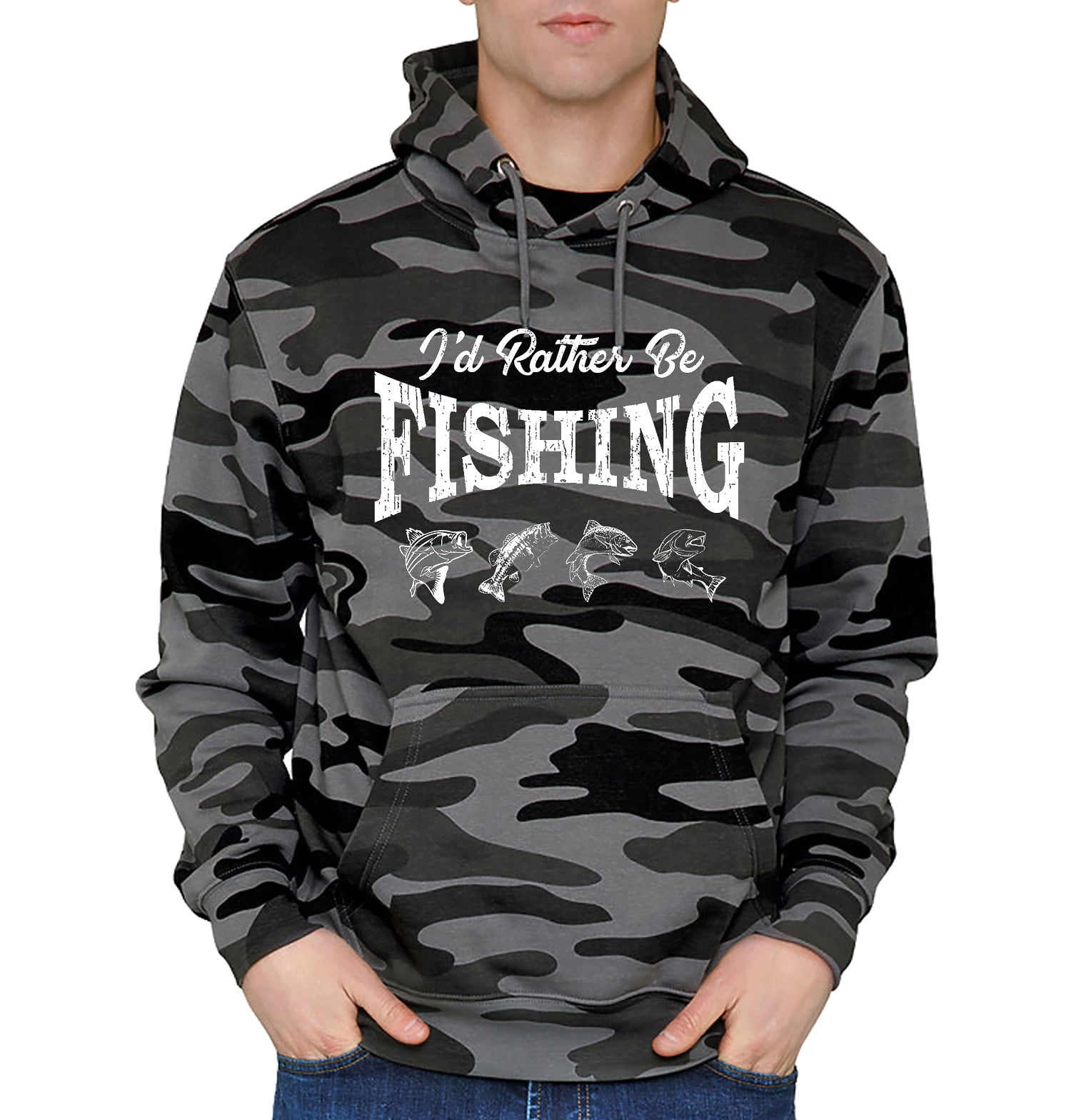 Men's I'd Rather Be Fishing Black Camo Pullover Hoodie X-Large