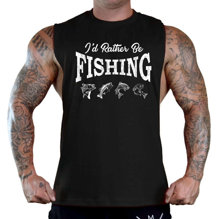 Men's I'd Rather Be Fishing Black Deep Cut T-Shirt Tank Top Large Black 