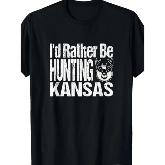 Men's I'd Rather Be Hunting Kansas T-Shirt Deer Buck Graphic Tee Short Sleeve Black