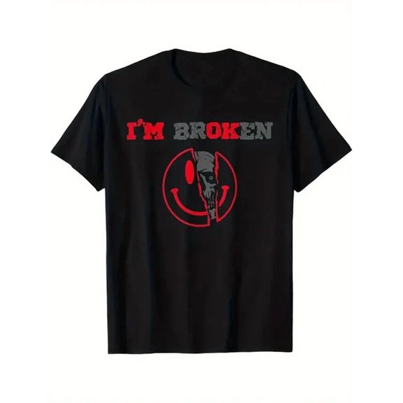 Men's "I'm Broken" Skull Graphic T-Shirt - Black Cotton Crew Neck Tee Red &, Unisex T-Shirt