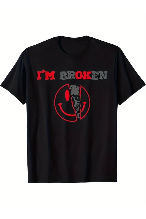 Men's "I'm Broken" Skull Graphic T-Shirt - Black Cotton Crew Neck Tee with Red & White Print, Slight Stretch Knit Fabric, Regular Fit for All Seasons, Casual Sporty Style, Skull T Shirt