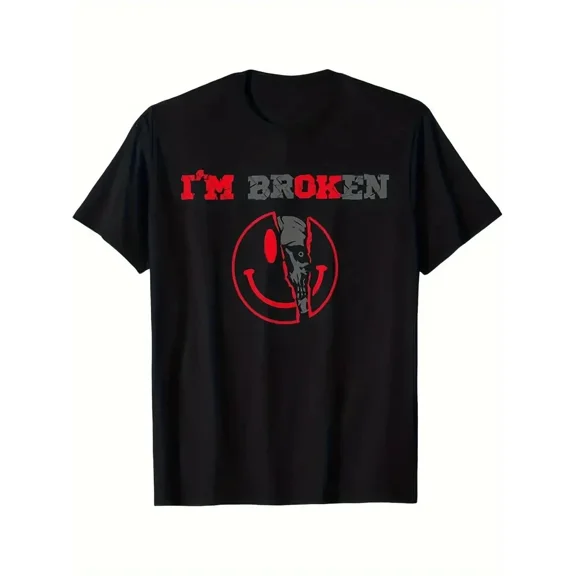 Men's "I'm Broken" Skull Graphic T-Shirt - Black Cotton Crew Neck Tee