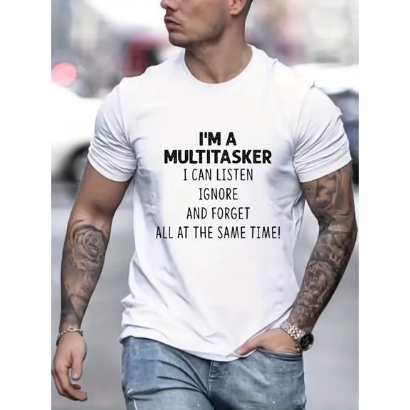 Men's "I'm a Multitasker" Novelty T-Shirt - Navy Blue, Polyester and Spandex Blend, Crew Neck, Short Sleeve, Humorous Text Design, All-Season Wear, Allseason Apparel|Regular Fit Shirt|Stretchy Fabric