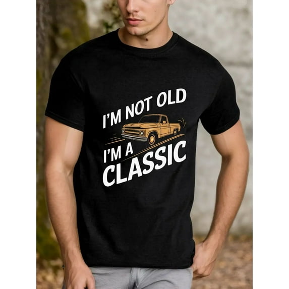 Men's "I'm Not Old, I'm Classic" Graphic Tee - Black Vintage Truck Design, Casual Big & Tall T-Shirt with Pockets